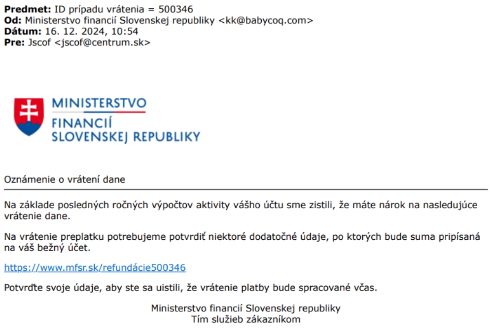 Podvodný e-mail v mene Ministerstva financií SR