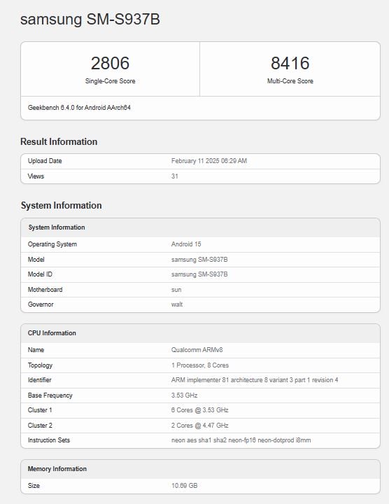 Samsung Galaxy S25 Edge / Geekbench